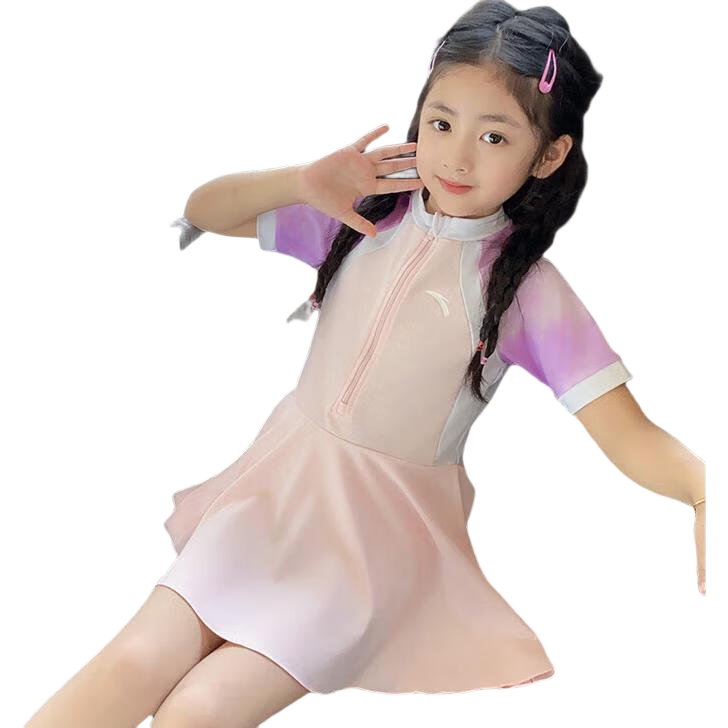 ANTA Children's Swimsuit, New Style for Girls, One-Piece Conservative Swimwear for Young And Middle School Students, Pink, Size 150