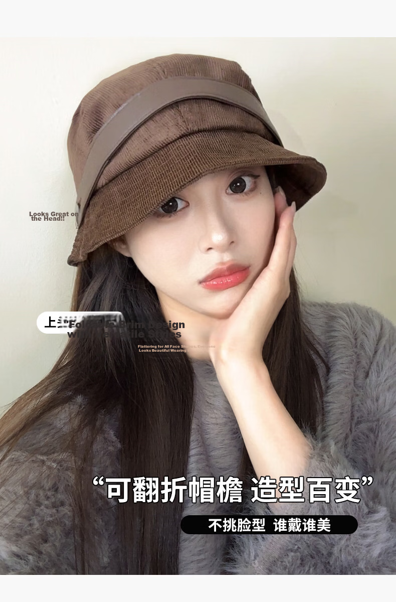 Corduroy Fisherman Hat with Belt Deepening Face Slimming Maillard Color Autumn Winter New Windproof Coffee One Size 10