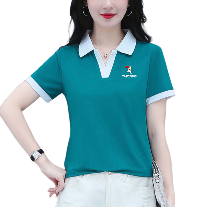 TUCANO Ice Silk Shoulder Polo Shirt Women Short Sleeve Summer Slim Fit Elegant Mom Top Green 4XL