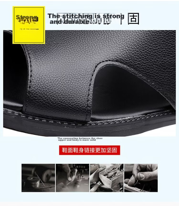 Jingzhenlianggong Men's Summer Sandals Dual-use Slippers Non-slip Soft Sole Beach Shoes Black [Leather Texture] Size 38 9