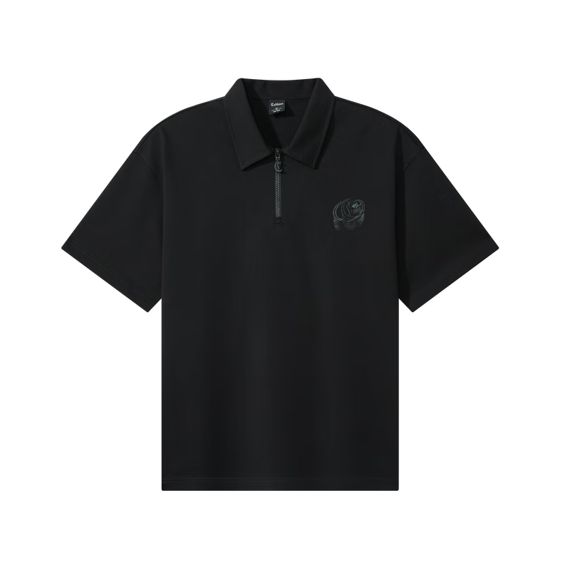 CABBEEN Pure Cotton Semi-Bleached Plain Half-Zip Polo Shirt Men Vintage Street Print Summer Short Sleeve Breathable Polo Shirt