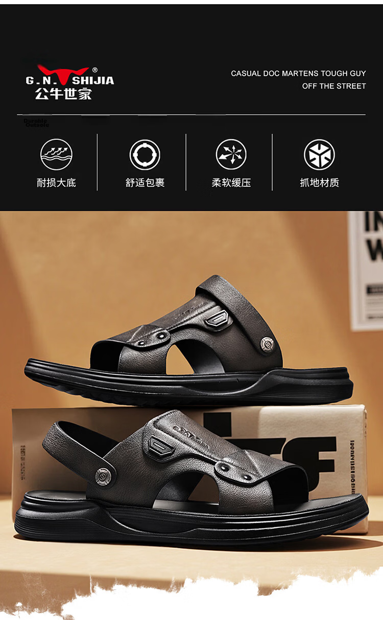 Bull Family Men's Leather Summer Sandals New Soft Sole Beach Shoes Casual Dual-Purpose Slippers Versatile Dad Shoes 5