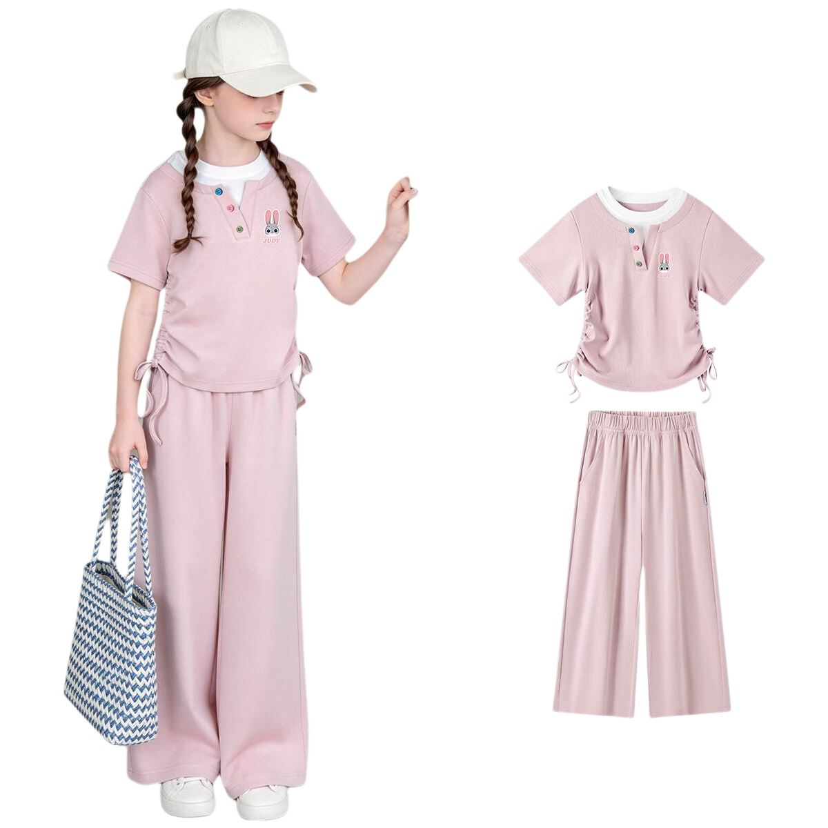 Disney Girls Judy Drawstring T-Shirt Set Summer Round Neck Short Sleeve Wide Leg Pants Two-Piece Casual Outfit Pink 170