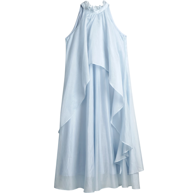 Olrain Lenzing Lyocell Summer Dress Vacation Style Women's Sheer Ruffle Halter Neck Long Dress Blue XL
