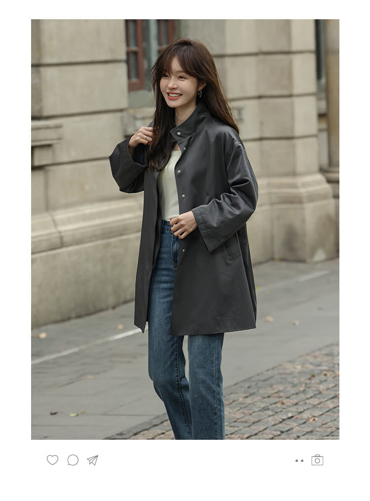 MT Grey British Style Autumn Stand Collar Wide Edge Pocket Design Loose Mid-Length Trench Coat 3
