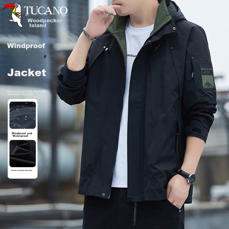 TUCANO Men's Outdoor Mountaineering Windproof Waterproof Casual Jacket Fashion Hooded Coat Black XL