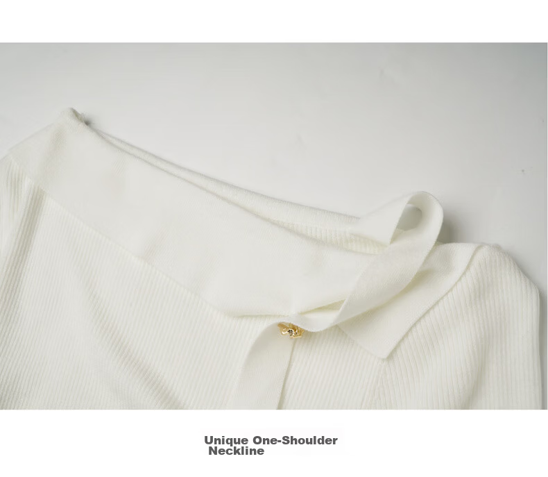 Olrain One-Shoulder Ribbon Pullover Knit Top for Women Spring New Elegant Base Shirt Off-White XL 21