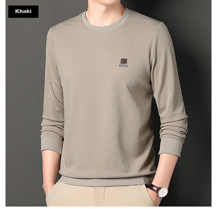 Pierre Cardin Men's Sweatshirt Spring and Autumn Business Casual Long Sleeve T-Shirt Elastic Skin-Friendly Base Shirt Men's Clothing Bean Green L 10