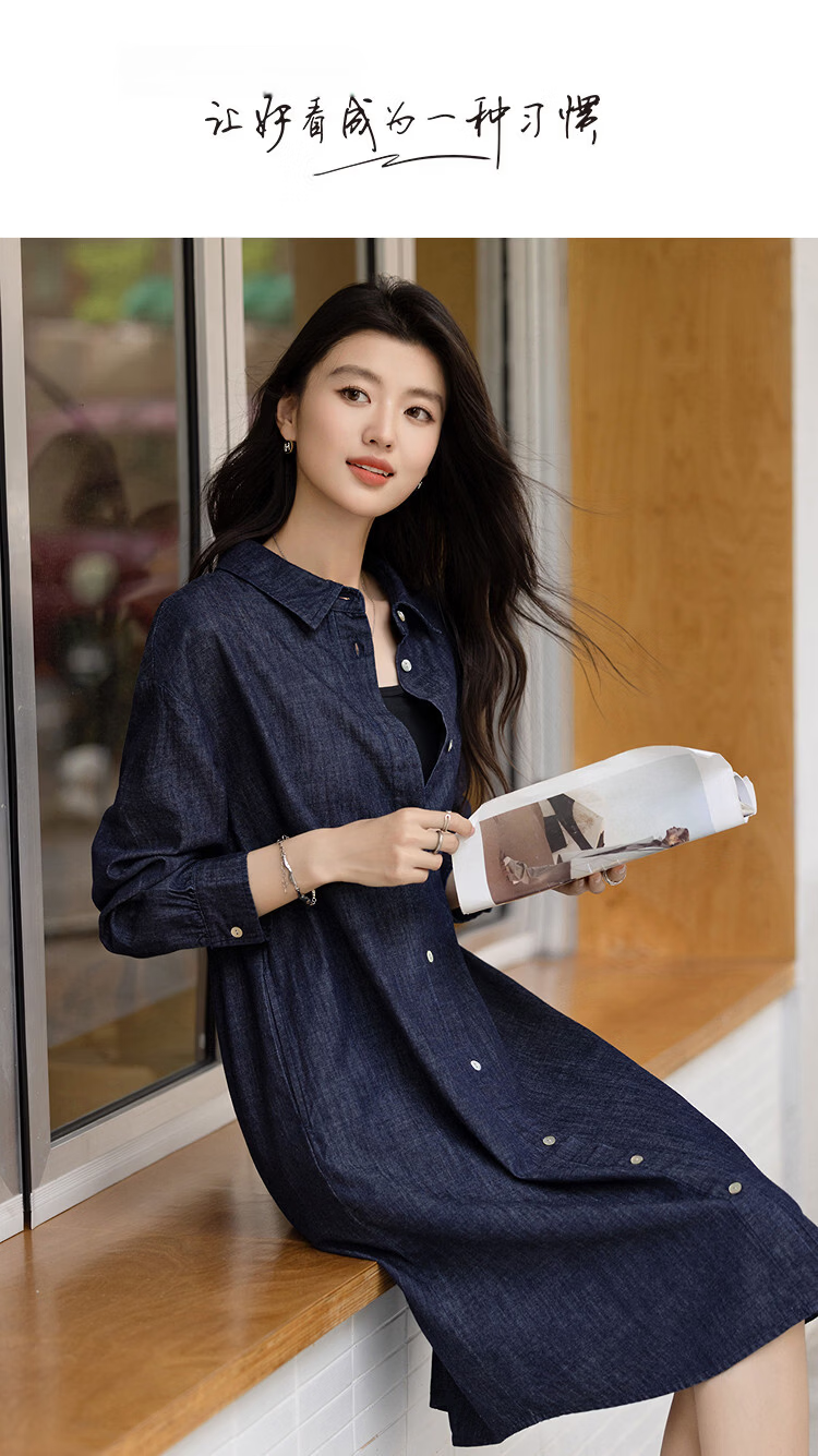 Demana [Light Oxygen 100 Cotton] Spring Korean Style Lapel Drop Shoulder Loose Short Denim Shirt Dress for Women 1