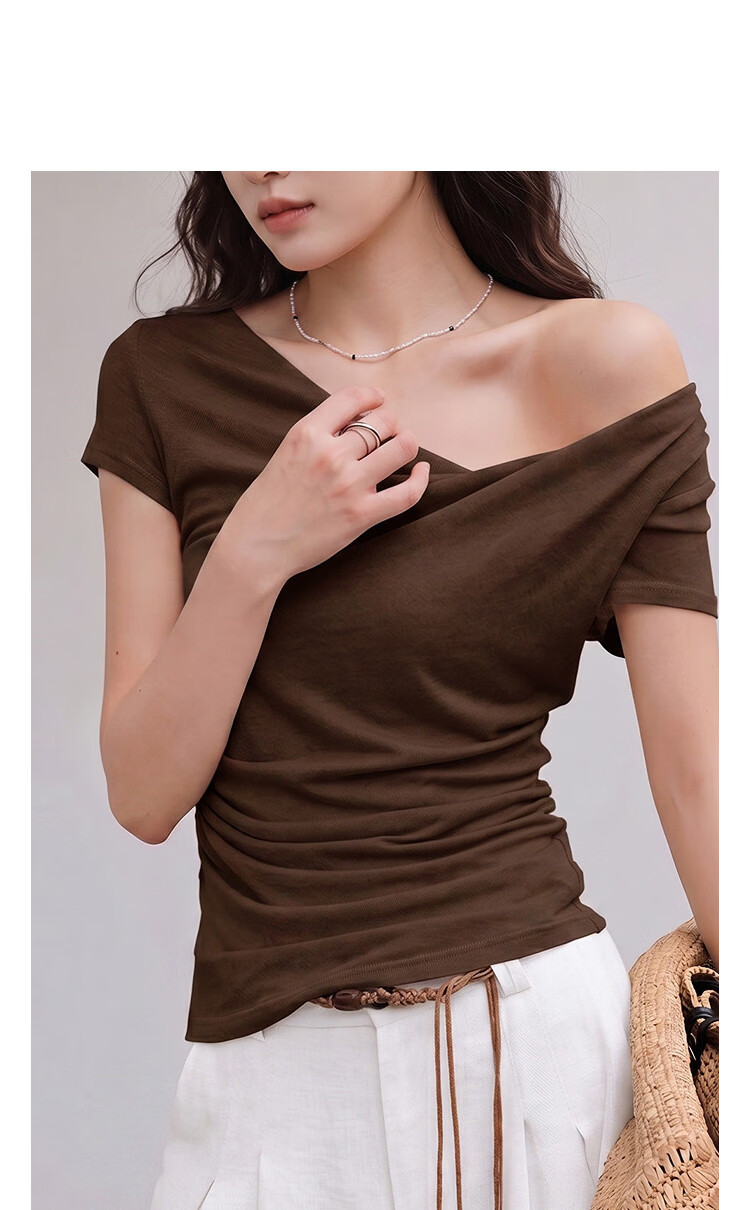 Demana [With Wool and Lyocell] Summer Fashion Urban Twist Off-Shoulder Short Sleeve Slim T-Shirt for Petite Women 19