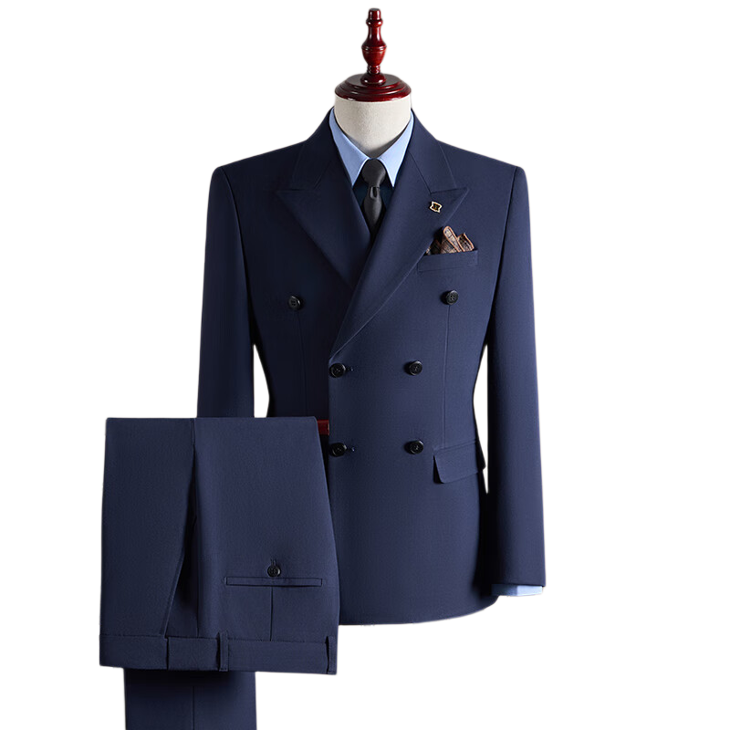 ROMON Men's Business Suit Set Blazer + Vest + Trousers Double-Breasted Casual Navy Blue 3XL