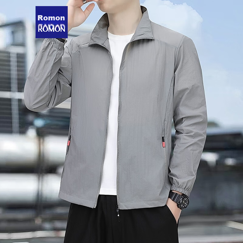 ROMON Men's Summer Ice Silk Cooling Sunscreen Jacket Outdoor Breathable UV Protection Coat 3031 Light Gray 4XL