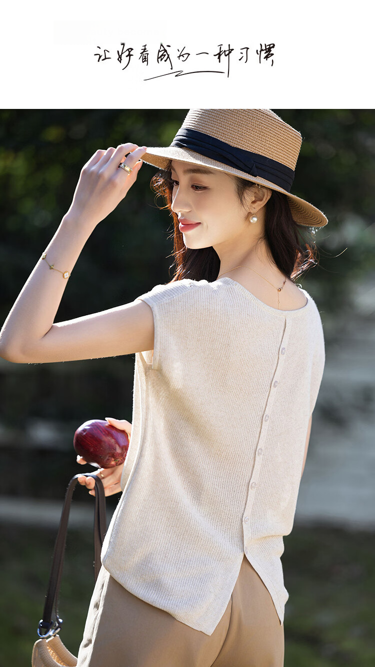 Demana [With Linen Lyocell] Summer Minimalist Round Neck Raglan Short Sleeve Buttoned Slim Knit Top for Women Premium Feel 1