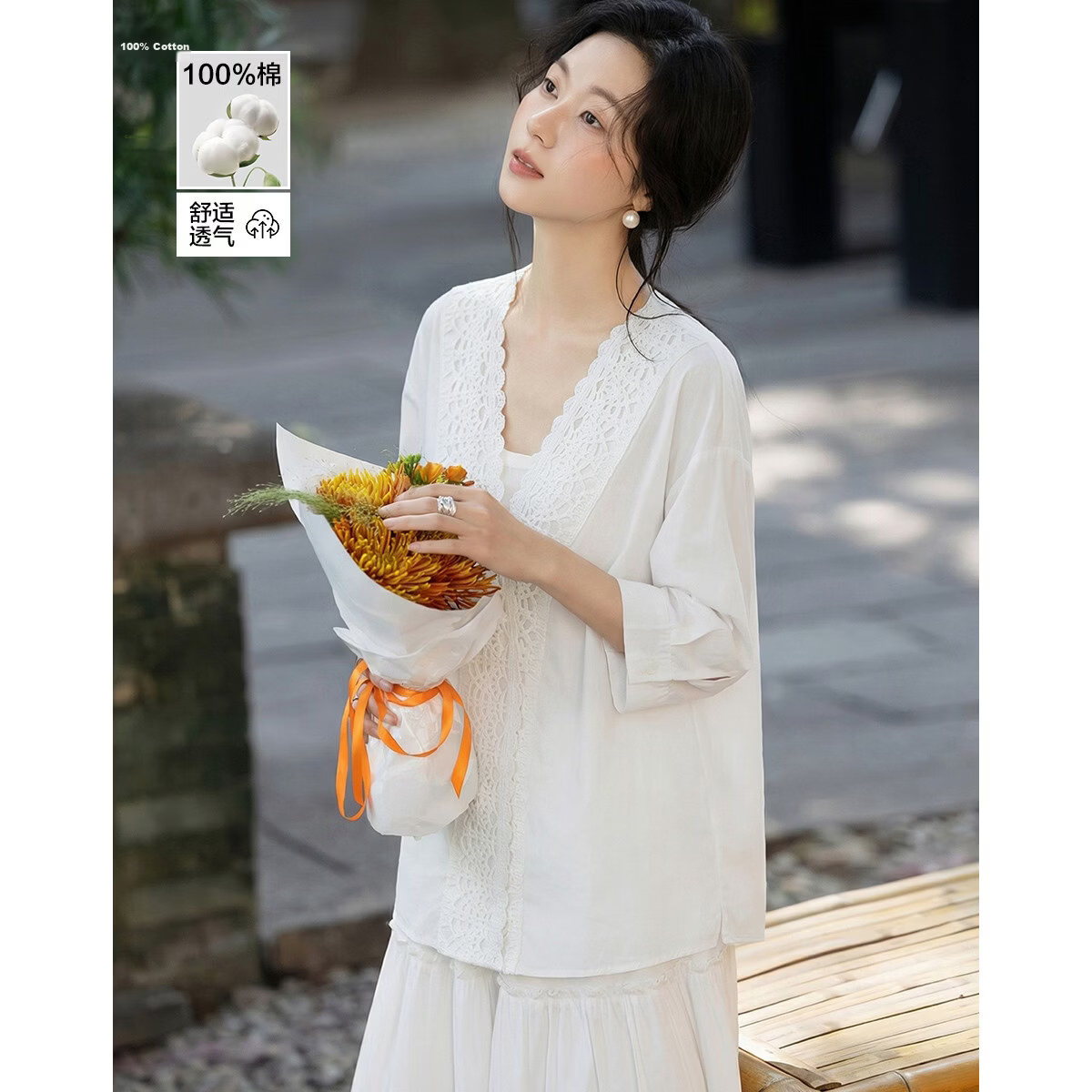 Demana Pure Cotton Breathable Poetic Summer Artistic Fresh Lace Spliced V-Neck Short Sleeve Shirt for Women