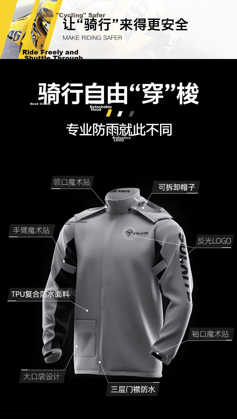SULAITE Motorcycle Riding Two-Piece Raincoat and Rain Pants Set Electric Vehicle Rider Four-Season Heavy Rainproof Riding Rainwear 3
