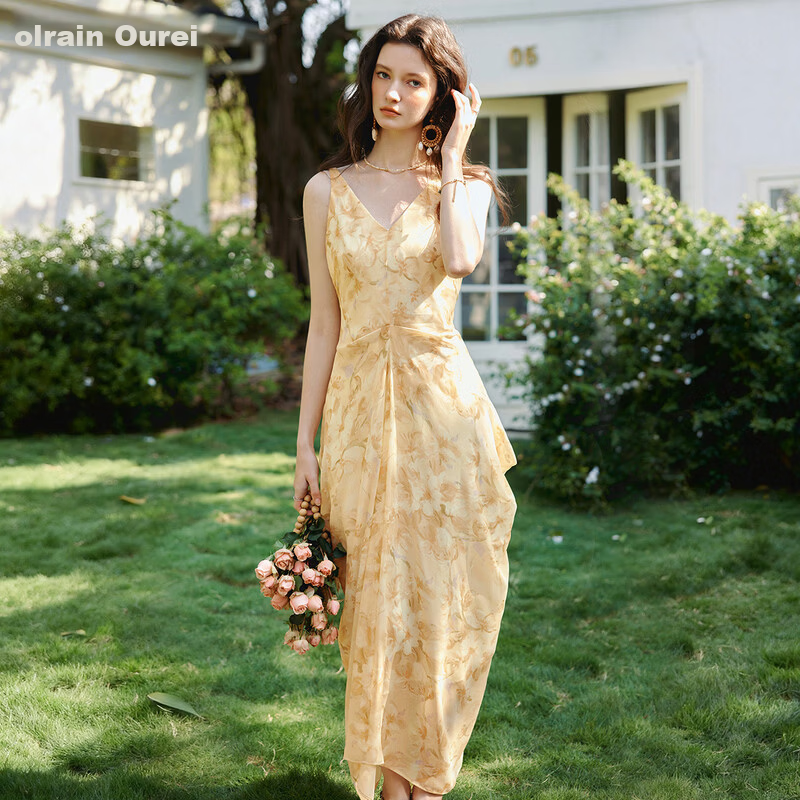 Olrain Oureier Summer New V-Neck Vest Dress Layered Pleated Deconstructed Vacation Style Printed Long Dress Yellow M