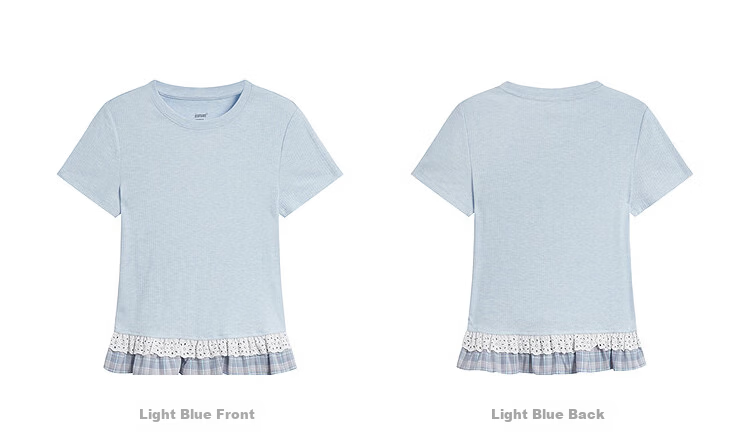 INMAN Color-Block Lace Trim Short Sleeve Slim Fit T-Shirt 26 Summer Women's New Lace Plaid Top Light Blue S 20