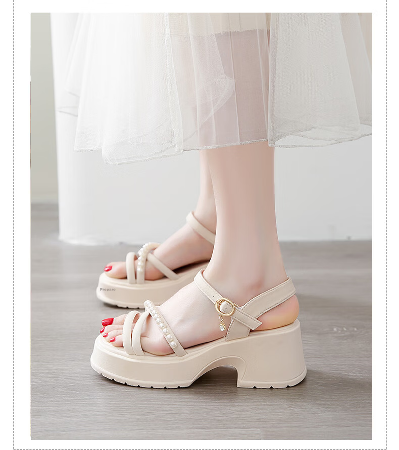 Cartelo Crocodile Women's Sandals Summer New Pearl Chunky Heel Fashion Versatile Thick Sole Casual Shoes 1771 Beige Size 38 11