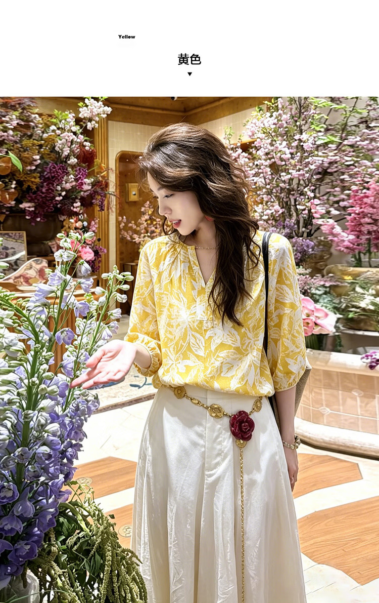 Mt [Pastel Euro Style] Romantic Pure Cotton Printed Shirt with Detachable Decorative Chain Women's Blouse 7