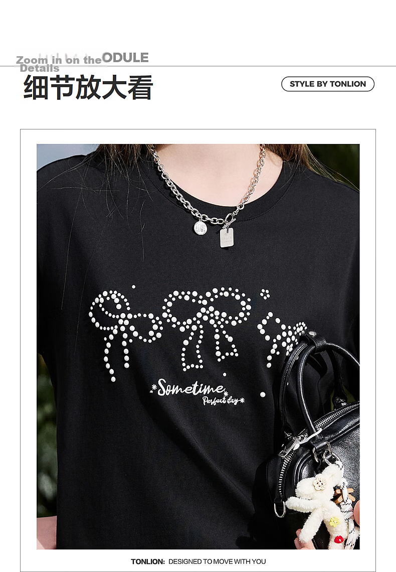 TonLion 2026 Summer New Women's Short Sleeve T-Shirt Black Bowknot Girl Style Cotton Round Neck Stylish Design 2