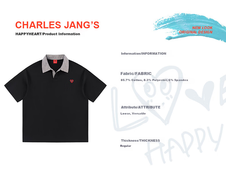 Charles Peach Heart Summer Small Heart Color-Block Breathable Cotton-Padded Couple Casual Unisex Short Sleeve Polo Shirt Off-White XS 4