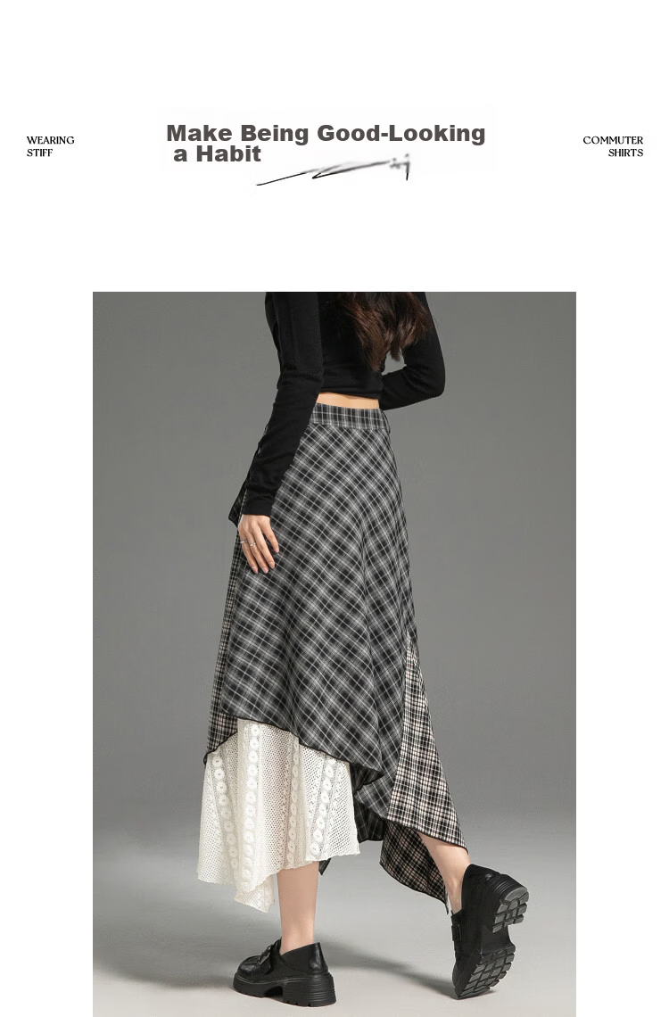 Demana Vintage Date Autumn Design Patchwork Plaid Striped A-Line Slimming Concealment High-End Women's Skirt 10