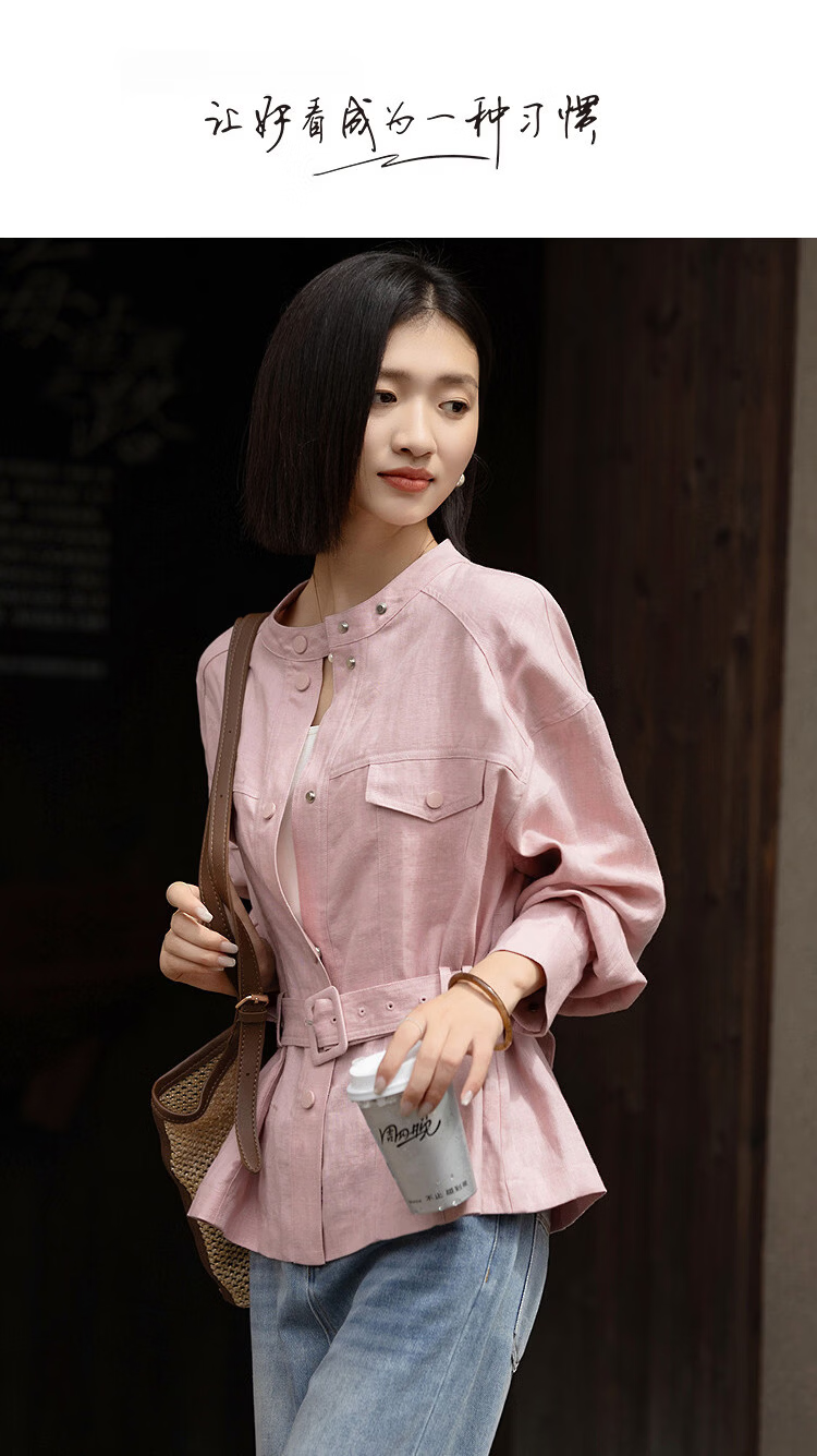 Demana [100% Linen] Spring Moray Series Stand Collar Flap Pocket Adjustable Belt Drop Shoulder Petite Women's Jacket 1