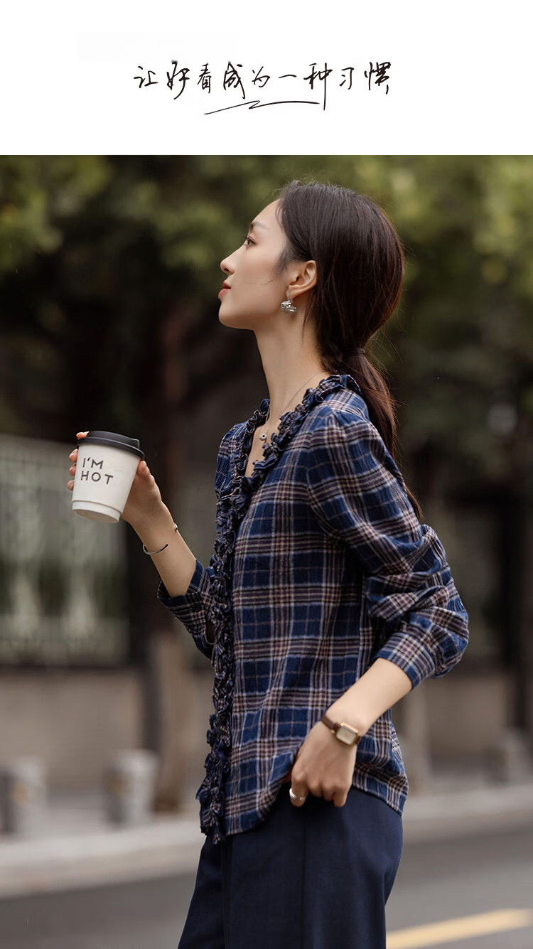 Demana [Artistic Style] Spring Cloud Oxygen Cotton V-Neck Multi-Layer Ruffle Shirt Petite Women's Blouse 1