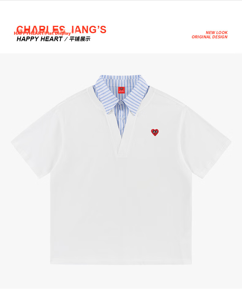 Charles Peach Heart Summer Premium Striped Collar Small Heart Couple Casual Short Sleeve Polo Shirt Navy XL 17