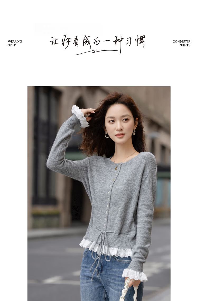 Demana Spring Sweet Crew Neck Shell Button Knit Sweater with Contrasting Lace Trim and Drawstring, Wool Blend 10