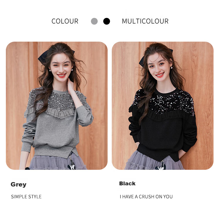LOUISYAO Sequin Embellished Mesh Splice Sweatshirt 2025 Autumn Winter New Split Hem Fashion Top for Women Gray S 6