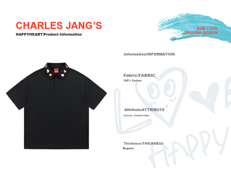 Charles Peach Heart Fresh Collar Cute Embroidered Couple Pure Cotton Short Sleeve Polo Shirt Unisex Casual Black L 7