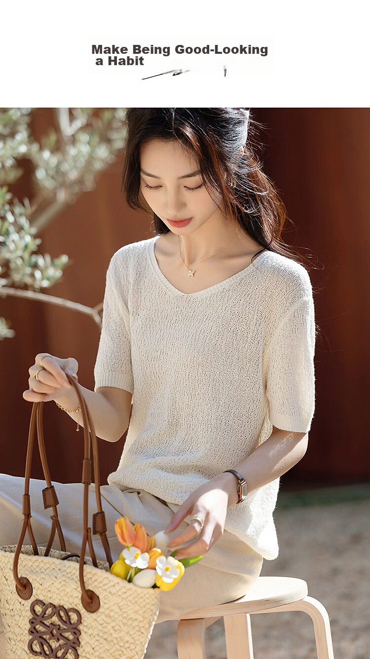 Demana [with Lyocell/Cotton] Summer Glossy V-Neck Textured Jacquard Loose Slim Knit Sweater for Women Premium 1