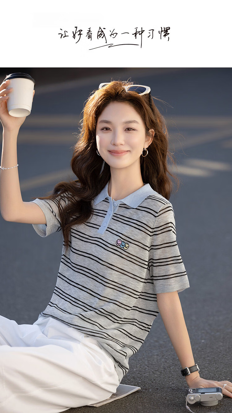 Demana [Smart Academy] Summer Retro Colorblock Polo Collar Striped Embroidered Slimming Concealing Knit Short Sleeve Top for Women Premium 1