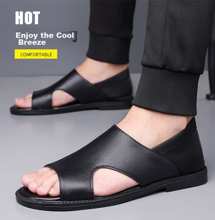Jingzhenlianggong Men's Summer Sandals Dual-use Slippers Non-slip Soft Sole Beach Shoes Black [Leather Texture] Size 38 6