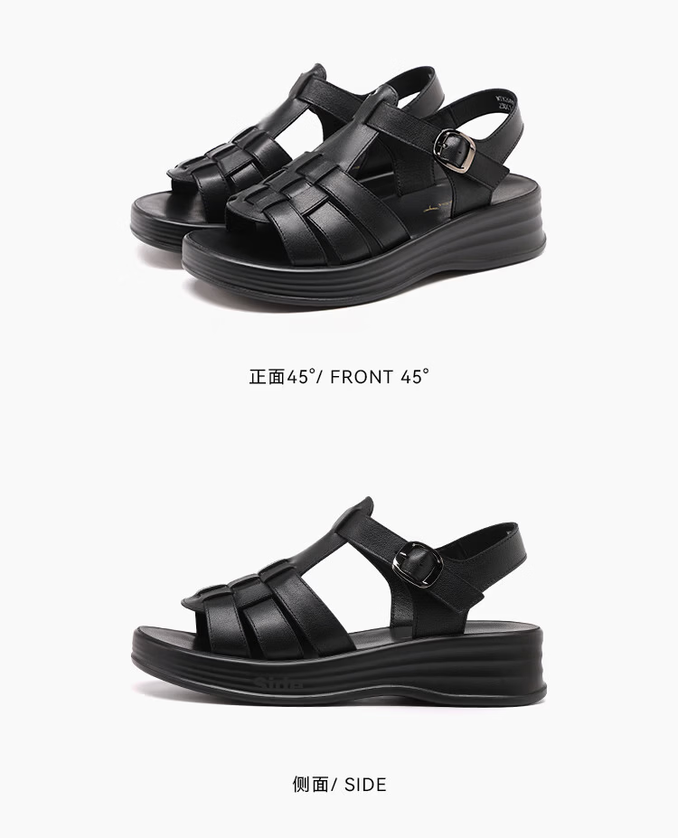 Red Dragonfly Women's Sandals Leather Thick Sole Soft Sole Woven Hollow Roman Shoes WTK264901 Black Size 35 12