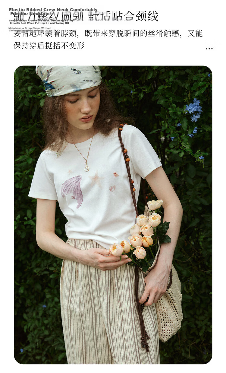 Olrain Eurielle Summer New Fun Colorblock Ocean Print Crew Neck Short Sleeve T-Shirt Women Casual Top White M 4