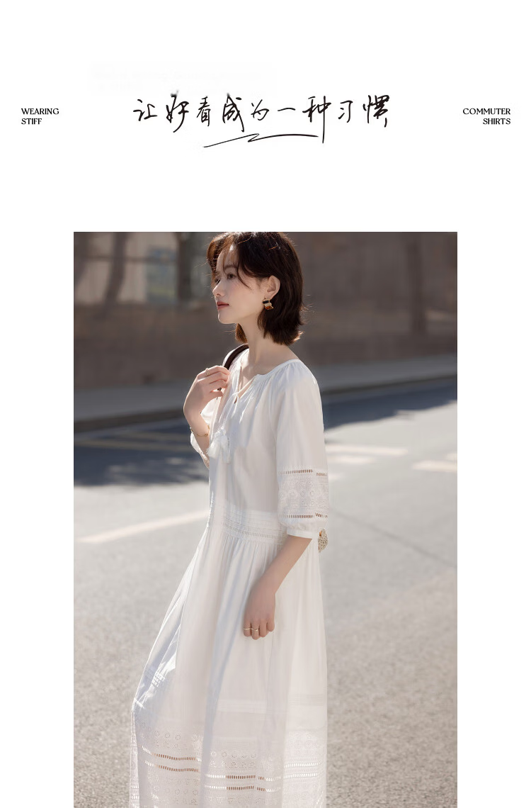 Demana Fresh Cotton Summer Elegant Tassel Ribbon Waist Slimming Conceal Body Dress for Women High-End Feel 9