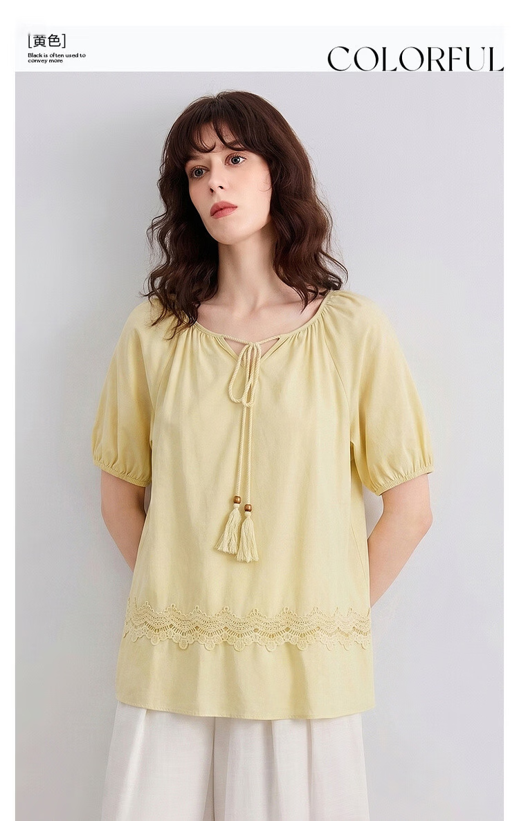 Demana Pure Cotton Tassel Tie Round Neck Shirt Women Summer New Lace Splicing Ruffle Loose Blouse 3