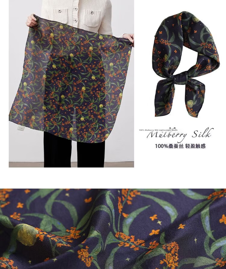 Lagur Original "Night Osmanthus" 100% Mulberry Silk Scarf, Double Crepe Rolled Edge Square Silk Scarf for Women, Refreshing Purple 5