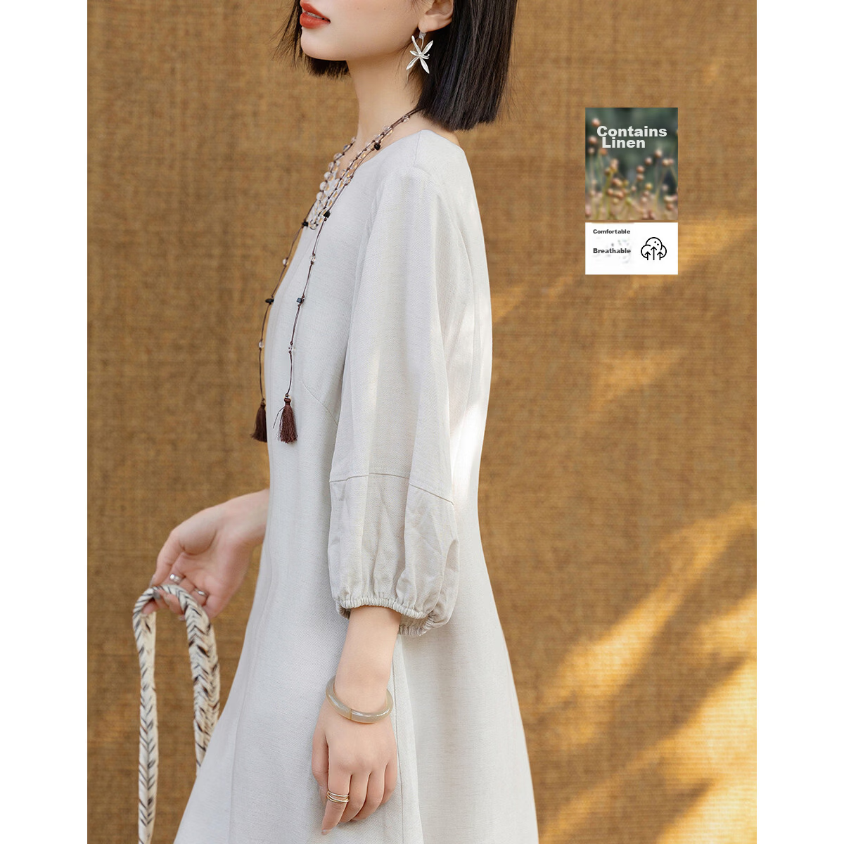 Demana [With Linen] Summer Urban Commuter Round Neck Pocket Sleeve A-Line Slim Fit Dress for Women Premium Feel