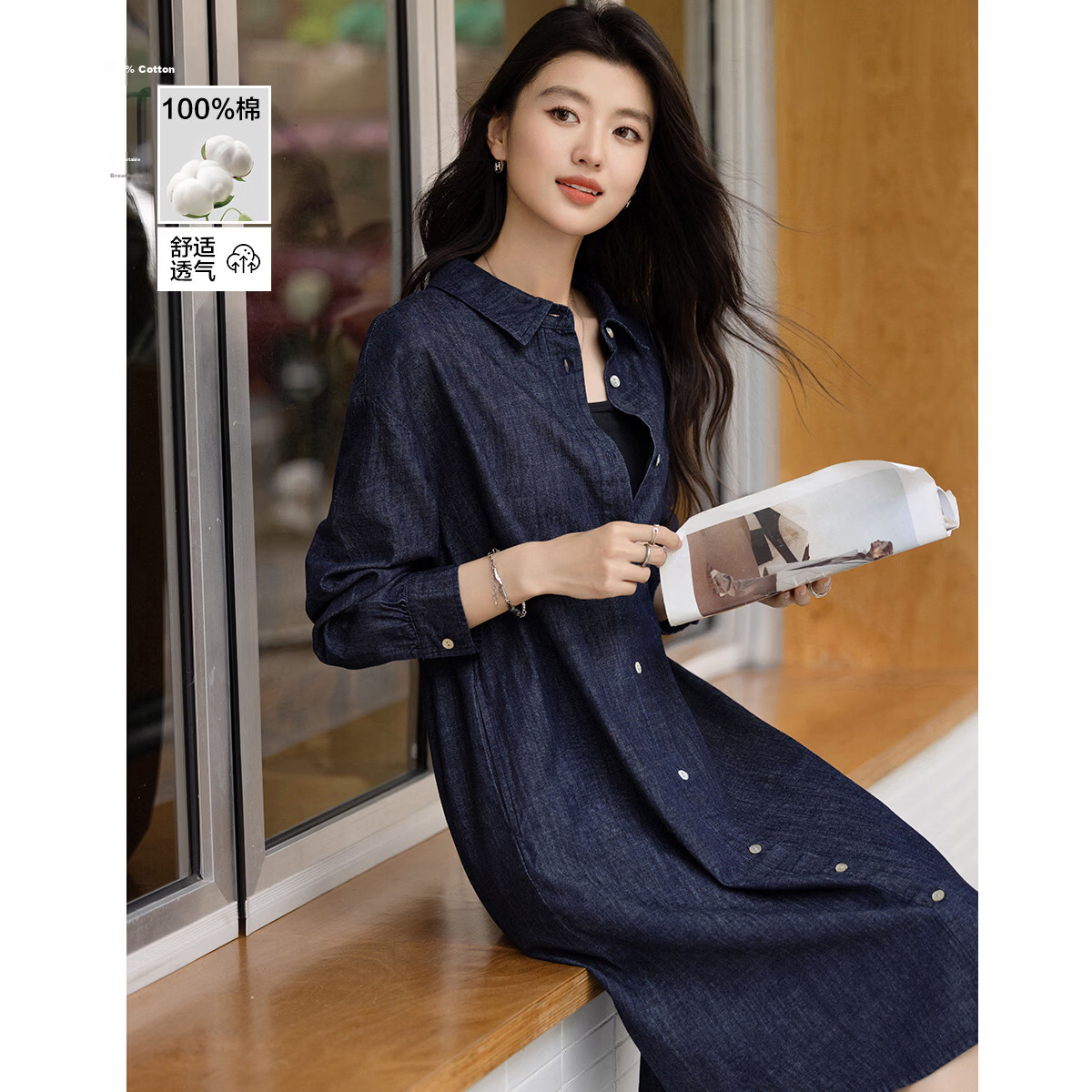 Demana [Light Oxygen 100 Cotton] Spring Korean Style Lapel Drop Shoulder Loose Short Denim Shirt Dress for Women