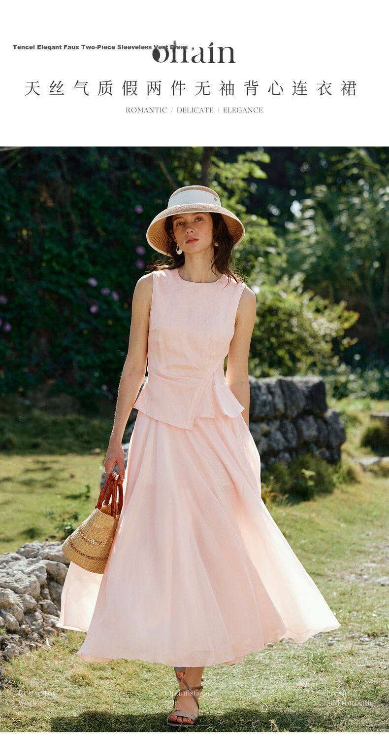 Olrain Eurier Summer Lyocell Linen Dress Women Fake Two-Piece Vest Dress Light Pink M 1