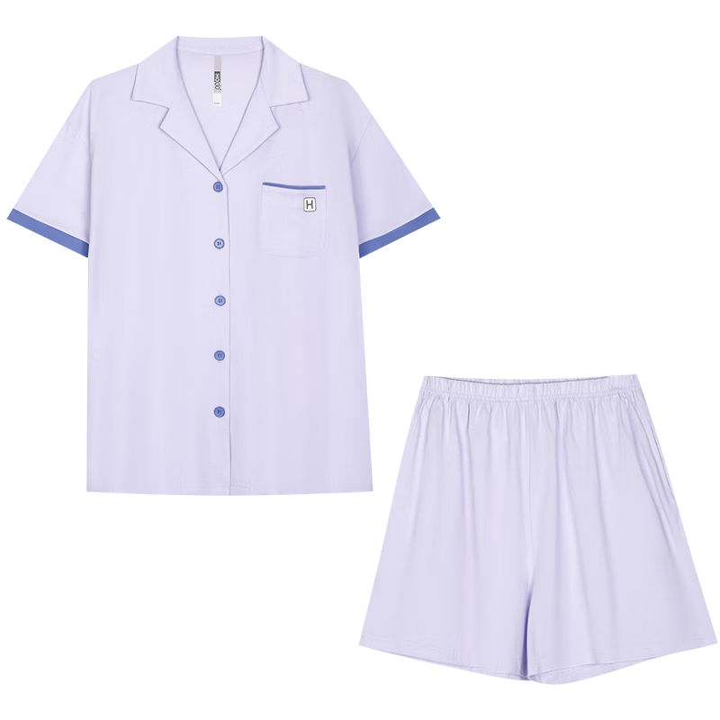 Hodohome Women's 7A Antibacterial Pure Cotton Summer Pajama Set Short Sleeve Foam Purple S