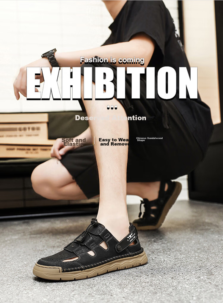 Bull Family Baotou Leather Sandals Men Summer Outdoor Beach Shoes Casual Driving Shoes Black Size 40 2
