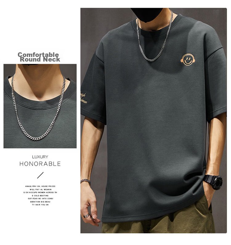 Pierre Cardin Men's Short Sleeve T-Shirt Summer Trendy Smiley Embroidery Loose Fit Crew Neck Heavyweight Cotton Top Dark Gray M 11