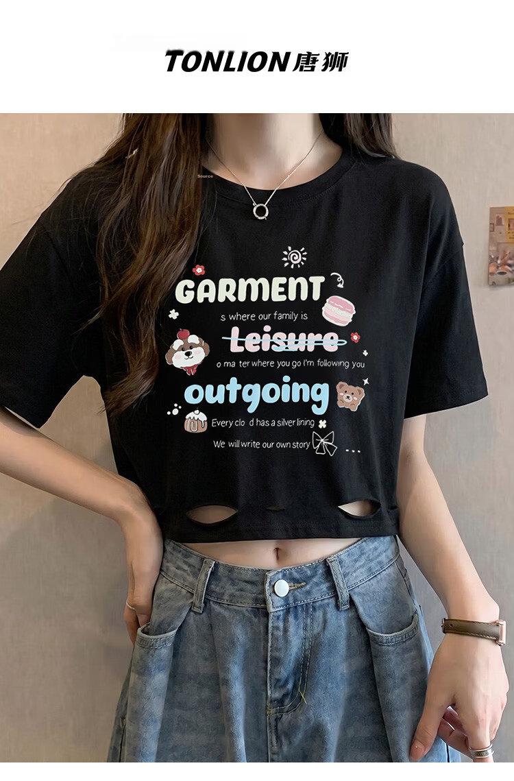 TonLion 2026 Summer New Short Sleeve T-Shirt Women Crop Top Niche Design Cute Loose Early Spring 1