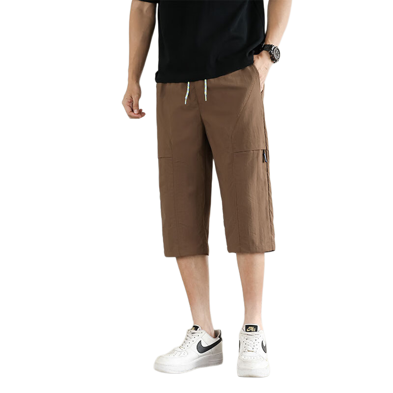 POUM Ice Silk Trendy Brand Three-Quarter Length Pants for Men, Summer Style, Casual American-Style Sports Quick-Dry Shorts, 0003 Coffee Color, 2XL