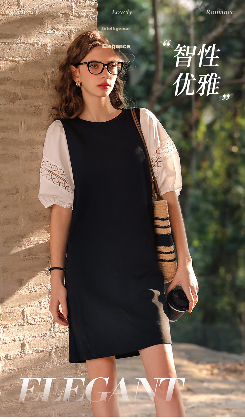 Olrain French Lace Hollow Out Puff Sleeve Splice Dress Women Summer Elegant Straight Dress Black and White M 1