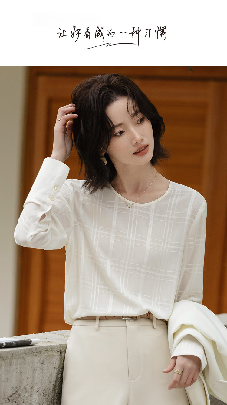 Demana [Cool Narrative] Spring Urban Elegant Round Neck Plaid Shirt Loose Fit Petite Women's Blouse 1
